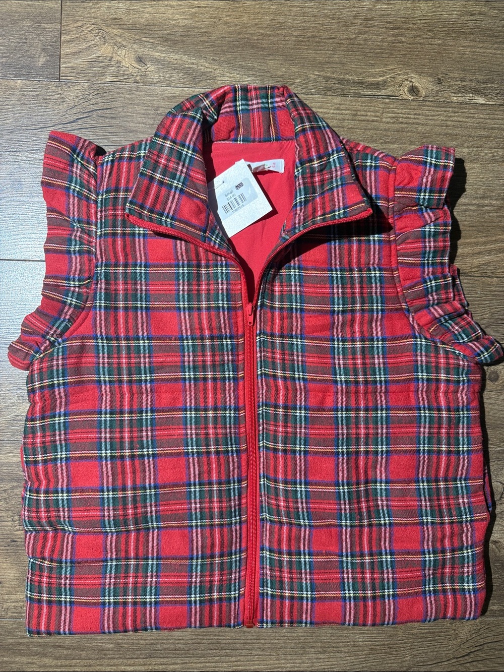 Sweet Generis Red Plaid Ruffle Sleeve Quilted Vest Women’s NWT
